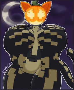 anthro big_breasts black_body breasts female for_a_head front_view hand_on_breast huge_breasts jack-o'-lantern looking_at_viewer markings navel outline pumpkin_head skeleton_(marking) smile solo tail thick_thighs blankyart epic_games fortnite spice_(fortnite) domestic_cat felid feline felis mammal object_head 2025 digital_media_(artwork) hi_res signature