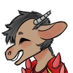 ambiguous_gender anthro armor blush broken_horn brown_body brown_fur clothed clothing eyes_closed fur grey_hair grey_horn hair horn open_mouth pauldron red_clothing red_topwear simple_background smile solo teeth topwear white_background manitka manitka_storm bovid bovine cattle mammal 1:1 2020 digital_media_(artwork) low_res