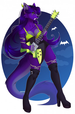 5_fingers anthro biped boots bra breasts claws clothed clothed_anthro clothed_female clothing electric_guitar female fingers fishnet_clothing footwear front_view fur guitar hair high_heeled_boots high_heels horn legwear looking_at_viewer musical_instrument plucked_string_instrument shoes smile solo string_instrument tail teeth thigh_boots thigh_highs underwear chaiteakitten iris_grim domestic_cat felid feline felis mammal hi_res