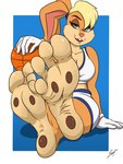 4_toes anthro basketball breasts clothed clothing feet female foot_focus gloves handwear humanoid_feet looking_at_viewer pawpads plantigrade soles solo toes wrinkled_feet wrinkles shazzul_(artist) looney_tunes warner_brothers lola_bunny lagomorph leporid mammal rabbit 3:4 absurd_res hi_res