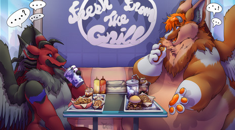 anthro belly beverage big_belly burger chair detailed_background dialogue discussion drinking duo eating eating_food eye_contact fast_food food fries fur furniture gluttony_(echance01) hair holding_food holding_object horn huge_belly junk_food looking_at_another male meal multicolored_body obese obese_male on_chair open_mouth orange_hair overweight overweight_male relaxing restaurant sitting sitting_on_chair soda table wings fatty-sashimi mythology kellogg_(echance01) dragon dutch_angel_dragon furred_dragon furred_scalie mythological_creature mythological_scalie scalie hi_res