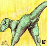 anthro female genitals pussy raised_tail rear_view simple_background solo tail yellow_background ek_goya dinosaur dromaeosaurid prehistoric_species reptile scalie theropod velociraptor