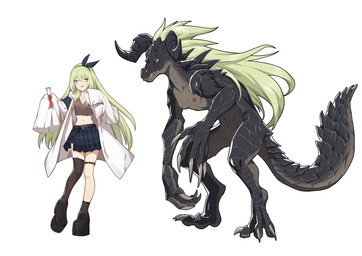 amakubo_yue anthro claws duo female green_eyes green_hair hair horn loli long_hair scales scaly_tail scientist tail young zobbie265 fallout microsoft deathclaw scalie absurd_res hi_res