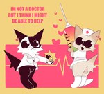 :3 anthro anus balls big_pupils black_body black_fur cardiac_monitor dilated_pupils drugs duo female fur genitals happy heart_symbol male medical_instrument needleplay pills pupils pussy red_cross scientific_instrument semi-anthro simple_background tan_body tan_fur white_body white_fur yellow_background conditional_dnp labbit_(artist) car_(garn47) carr_(garn47) domestic_cat felid feline felis mammal brother_(lore) sibling_(lore) sister_(lore)
