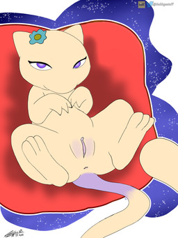 anus bedroom_eyes female feral flower flower_on_head genitals lying narrowed_eyes on_back pillow plant presenting presenting_anus presenting_vulva seductive simple_background solo vulva balthysstuff nintendo pokemon generation_1_pokemon legendary_pokemon mew_(pokemon) pokemon_(species) 3:4 absurd_res hi_res