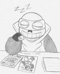 alternate_universe anterior_nasal_aperture bone clothed clothing comic_panel cosplay eyes_closed fingerless_gloves furniture gloves hand_under_chin handwear male not_furry onomatopoeia simple_background skeleton sleeping smile solo sound_effects superhero superhero_costume table text white_body lunarpanda8686 underswap undertale undertale_(series) sans_(underswap) sans_(undertale) animated_skeleton humanoid undead comic english_text graphite_(artwork) hi_res monochrome sketch traditional_media_(artwork)