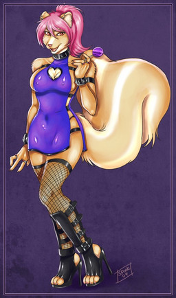 anthro belted_boots big_breasts big_tail biped black_clothing black_footwear black_legwear boots border bottomwear breasts candy claws cleavage cleavage_cutout clothed clothing cutout cutout_heels dark_pupils dessert digit_ring dress ear_piercing ear_stud female finger_claws finger_ring fishnet_clothing fishnet_legwear fishnet_thigh_highs fluffy fluffy_tail food footless_socks footwear fur gladiator_boots hair heart_symbol high_heeled_boots high_heels holding_candy holding_food holding_lollipop holding_object iris jewelry legwear lollipop looking_at_viewer monotone_hair multicolored_tail piercing pink_eyes pink_hair plantigrade pupils purple_bottomwear purple_clothing purple_topwear red_eyes ring ring_(jewelry) shoes side_slit side_slit_clothing side_slit_dress sideless_clothing sideless_dress skimpy solo stirrup_shoes stockings stud_piercing tail tan_body tan_fur tan_tail thick_tail thigh_highs thigh_stockings tight_bottomwear tight_clothing tight_topwear toe_claws toeless_footwear toeless_heels toeless_shoes topwear translucent translucent_clothing translucent_legwear two_tone_tail wavy_tail white_body white_fur white_tail wide_hips year spookable mammal mephitid skunk 2009 dated digital_media_(artwork) signature