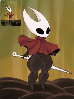 anthro black_body black_eyes bottom_heavy bottomless cloak clothed clothing empty_eyes featureless_feet feet female front_view genitals holding_object holding_weapon red_cloak red_clothing solo thick_thighs vulva weapon white_body wide_hips bell_crd hollow_knight:_silksong hollow_knight_(franchise) team_cherry hornet_(hollow_knight) arthropod insect 3:4 hi_res