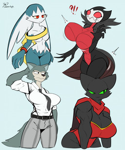 anthro big_breasts bottomwear bouncing_breasts bracelet breasts cleavage clothed clothing confusion crossgender eyelashes female gender_transformation green_eyes group jewelry leotard mtf_crossgender mtf_transformation muscular muscular_anthro muscular_female necktie pants red_eyes suspenders transformation wide_hips dreamerknight bandai_namco beastars cartoon_network hollow_knight_(franchise) klonoa_(series) mao_mao:_heroes_of_pure_heart team_cherry grimm_(hollow_knight) king_of_sorrow legoshi_(beastars) sheriff_mao_mao_mao arthropod canid canine canis domestic_cat felid feline felis insect mammal wolf 2025 hi_res