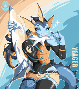anthro anthrofied big_breasts breast_squish breasts claws clothed clothing female fishnet_clothing flotation_device hair huge_breasts inflatable legwear membrane_(anatomy) pawpads paws pokemorph simple_background smile solo squish stockings summer surfboard swimwear tail thick_thighs thigh_highs tight_clothing water webbed_hands wetsuit krampuscorner nintendo pokemon fan_character eeveelution generation_1_pokemon pokemon_(species) vaporeon absurd_res color_contrast digital_media_(artwork) hi_res