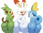 2019 ambiguous_gender anthro anthrofied ass_to_ass backsack balls band-aid bandage big_butt blue_body blue_skin bubble_butt buckteeth butt cheek_tuft digital_media_(artwork) facial_tuft fur generation_8_pokemon genitals gesture green_body green_skin grookey group half-closed_eyes hi_res huge_butt lagomorph looking_at_viewer looking_back male mammal moobs multicolored_body multicolored_fur narrowed_eyes nintendo open_mouth pokemon pokemon_(species) pokemorph presenting primate reptile scalie scorbunny side_by_side simple_background slightly_chubby smile smirk sobble sssonic2 starter_trio tail take_your_pick teeth trio tuft two_tone_body two_tone_fur waving white_background white_balls white_body white_fur