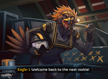 accessory anthro armor beak breasts brush clothed clothing dialogue feather_hair feathers female head_feathers headband headgear helmet inside jumpsuit looking_at_viewer non-mammal_breasts one_eye_closed open_mouth paint paint_brushes paintbrush pseudo_hair solo spacecraft tail tail_feathers text tongue vehicle wink falopaxy helldivers accipitrid accipitriform avian bird eagle absurd_res english_text hi_res