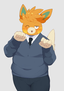 4_fingers :3 anthro arms_bent black_nose blue_clothing blue_sweater blue_topwear blush bottomwear bulge clothed clothing collared_shirt dress_shirt eyelashes fingers fully_clothed fur grey_background half-closed_eyes looking_at_viewer male multicolored_body multicolored_fur narrowed_eyes necktie one_eye_closed open_:3 open_mouth orange_body orange_fur overweight overweight_male pants pseudo_hair school_uniform shirt simple_background slightly_chubby solo sweater tan_body tan_fur tongue topwear uniform yellow_body yellow_fur umisag85rabb99 nintendo pokemon generation_9_pokemon mammal pawmot pokemon_(species) rodent sciurid 2022 absurd_res hi_res shaded