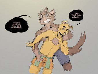 anthro arm_around_another arm_around_neck arm_around_partner arm_around_shoulder arm_around_waist biceps bottomwear brown_body brown_fur bulge bulge_grab bully bullying clothed clothing crotch_grab detailed_bulge dialogue duo ear_piercing ear_ring fangs fangs_bared fist frown frowney_face frowning_at_another frowning_at_partner fur grabbing_from_behind green_bottomwear green_clothing green_eyes green_shorts grey_background grimace grope hand_on_bulge hand_on_crotch holding_another holding_from_behind holding_partner humiliation male male/male manhandling manly muscular muscular_anthro muscular_male orange_body orange_bottomwear orange_clothing orange_fur orange_shorts pecs penis_humiliation piercing pubes pubes_exposed ring_piercing roughhousing shorts simple_background small_penis_humiliation speech_bubble taunting teasing teeth text thought_bubble topless topless_anthro topless_male glassesdumpster canid canine canis domestic_dog mammal wolf english_text hi_res