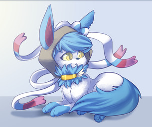 3_fingers 3_toes bite black_nose blue_body blue_fur blue_hair cheek_tuft clothing ear_bite facial_tuft feet female feral fingers fur hair hoodie looking_back lying neck_tuft paws ring simple_background solo toes topwear tuft white_body white_fur yellow_eyes murzikteijiro nintendo pokemon sai_(sylveon) eeveelution generation_6_pokemon pokemon_(species) sylveon absurd_res hi_res