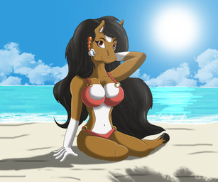 anthro beach bikini black_hair brown_body brown_eyes brown_fur clothing cloud female fur hair hand_behind_head long_hair multicolored_body multicolored_fur navel sea seaside sky smile solo sun swimwear two-piece_swimsuit two_tone_body two_tone_fur water robthehoopedchipmunk crysalia_(crysalia) equid equine horse mammal 2013 hi_res