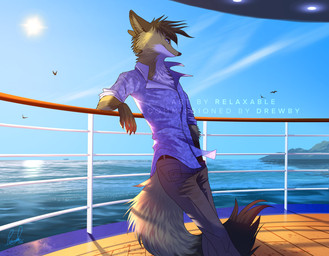 ambient_silhouette anthro bottomwear clothed clothing cloud day detailed_background fluffy fluffy_tail fur group male outside pants sea ship shirt silhouette sky smile solo_focus sun tail topwear vehicle water watercraft relaxablefur ambient_bird ambient_flier avian bird canid canine fox mammal hi_res signature