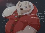 anthro belly black_nose clothing fur holidays hoodie kemono male night outside overweight overweight_anthro overweight_male solo text topwear white_body white_fur green_bell inakamichi christmas bear mammal 2020 english_text