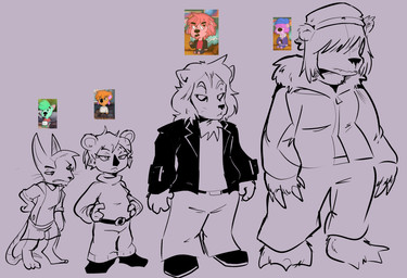 anthro digitigrade female hunched_over male redesign size_difference igwanasuchus saturday's_off kairo_(secretagentarc) krista_(saturday's_off) michael_(saturday's_off) sebastian_(saturday's_off) bear dipodid felid jerboa koala lion mammal marsupial pantherine rodent vombatiform 2025 model_sheet sketch