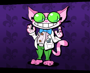 3_toes 4_fingers anthro barefoot big_tail black_claws blue_bow_tie bottomwear bow_tie claws clothed clothing coat collared_shirt curvy_figure dress_shirt eyewear feet finger_claws fingers fully_clothed fur glasses green_bottomwear green_clothing green_pants green_sclera lab_coat male markings multicolored_body open_mouth open_smile pants pink_body pink_fur pink_nose pink_tail pose pupils purple_background shirt simple_background slightly_chubby slightly_chubby_anthro slightly_chubby_male slit_pupils smile solo standing striped_body striped_fur striped_markings striped_tail stripes tail tail_markings thick_thighs toes toothy_grin topwear two_tone_body white_clothing white_coat white_topwear superiorfox saints_row professor_genki domestic_cat felid feline felis mammal colored digital_drawing_(artwork) digital_media_(artwork) flat_colors full-length_portrait portrait