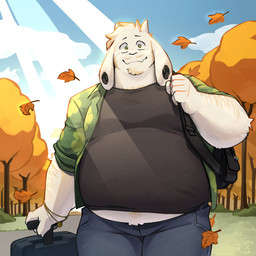 aged_up anthro autumn backpack belly belly_peeking_out bottomwear clothing detailed_background ear_piercing floppy_ears fur gauged_ear horn male obese outside overweight overweight_anthro overweight_male pants piercing shirt solo t-shirt topwear white_body white_fur racesolar deltarune undertale undertale_(series) asriel_dreemurr bovid caprine goat mammal 1:1 absurd_res hi_res