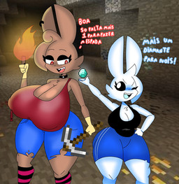 anthro big_breasts bottomwear breasts brown_body clothing diamond_(gem) duo female gem red_eyes shirt shorts text topwear white_body lokbunny17 microsoft minecraft mojang xbox_game_studios lok_bunny pommi_(lokbunny) lagomorph leporid mammal rabbit hi_res portuguese_text translated