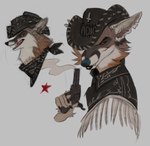 ambiguous_gender anthro cheek_tuft clothed clothed_anthro clothing collared_shirt cowboy_hat cowboy_outfit cross dress_shirt facial_tuft grin gun hat headgear headwear holding_gun holding_object holding_ranged_weapon holding_weapon inner_ear_fluff inverted_cross kerchief looking_away neck_tuft notched_ear open_mouth ranged_weapon sharp_teeth shirt side_view simple_background smile smoking_gun solo star tassles teeth text topwear tuft weapon western apxphenia canid canine canis coyote mammal 2024 digital_drawing_(artwork) digital_media_(artwork) hi_res multiple_images spanish_text