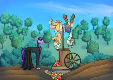 alternative_fashion apple bandage cart clothing cloud cowboy_hat dirty dress duo female feral food fruit goth hat headgear headwear horn orchard plant wings starshine74 friendship_is_magic hasbro my_little_pony mythology applejack_(mlp) twilight_sparkle_(mlp) earth_pony equid equine horse mammal mythological_creature mythological_equine pony winged_unicorn hi_res
