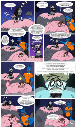 anthro areola auburn_eyes bedding belt big_butt big_moobs black_body black_bottomwear black_clothing black_fur black_pants black_shirt black_slacks black_topwear blanket blue_body blue_eyes blue_fur bodily_fluids body_hair bottomwear brown_hair butt butt_hair cellphone clothed clothed_anthro clothed_male clothing collared_shirt cracked_screen dialogue dipstick_tail dress_shirt electronics exposition facial_piercing flash_light flashlight fully_clothed fully_clothed_anthro fully_clothed_male fur green_nose grey_body grey_bottomwear grey_clothing grey_fur grey_shorts grey_tail_tip group hair holding_cellphone holding_object holding_phone holding_smartphone huge_butt huge_moobs hyper hyper_butt light_bulb male male/male markings moobs multicolored_body multicolored_fur nipples nose_piercing nose_ring obese obese_anthro obese_male orange_clothing orange_dress_shirt orange_shirt orange_topwear overweight overweight_anthro overweight_male pants partially_clothed partially_clothed_anthro partially_clothed_male petting phone piercing pink_areola pink_nipples ring_piercing shared_thought_bubble shirt shorts slob smartphone speech_bubble stained striped_body striped_fur striped_markings striped_tail stripes sweat sweaty_butt t-shirt tail tail_markings text thought thought_bubble thoughts topless topless_anthro topless_male topwear torn_clothing torn_underwear trio tusks underwear white_sclera nabb-kun smallfryspy duncan_(nabb-kun) miles_mcwolf nabb_(nabb-kun) domestic_cat domestic_pig felid feline felis hybrid mammal procyonid raccoon suid suine sus_(pig) 2026 absurd_res comic english_text hi_res multiple_scenes