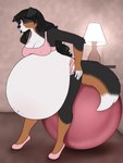 anthro belly big_belly bodily_fluids bra clothing exercise female fitness huge_belly hyper hyper_pregnancy pose pregnant pregnant_anthro pregnant_female sports_bra sweat underwear yoga ajna mayternity canid canine canis domestic_dog mammal hi_res pinup