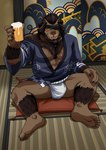 abs alcohol anthro arm_hair asian_clothing barefoot beard beer beverage blue_clothing blue_kimono blush body_hair brown_hair bulge chest_hair clothed clothing clothing_lift drinking drinking_beer drunk east_asian_clothing facial_hair fangs feet forearm_hair forearm_muscles forearms fundoshi hair hairy hairy_legs hand_on_knee hand_on_leg inside japanese_clothing kimono kimono_lift looking_at_viewer male manly muscular muscular_legs muscular_thighs pecs shoulder_hair sitting smile smiling_at_viewer solo spread_legs spreading substance_intoxication tatami teeth underwear yellow_eyes yellow_sclera naikuma final_fantasy final_fantasy_xiv square_enix felid hrothgar mammal 2024 hi_res