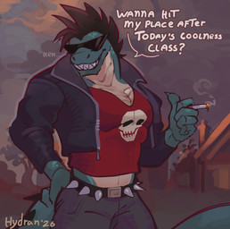 anthro belt black_hair bottomwear cigarette clothed clothing crop_top dialogue eyewear fully_clothed green_body green_scales grin hair holding_cigarette holding_object jacket leather leather_clothing leather_jacket leather_topwear male muscular muscular_anthro muscular_male pants pecs scales sharp_teeth shirt smile smoking smoking_cigarette solo spiked_belt spikes sunglasses teeth text topwear wearing_sunglasses hydrannnn how_to_be_cool dax_(piemations) crocodile crocodilian reptile scalie english_text hi_res