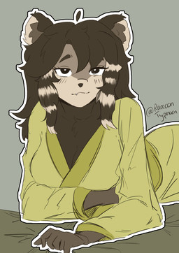 anthro clothed clothing female mommy_kink mommydom smug smug_face solo waiting raccoontyphoon mammal procyonid raccoon absurd_res hi_res