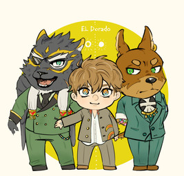 chibi clothing group male outline suit wings 1220mi_fu_2 lifewonders tokyo_afterschool_summoners protagonist_(tas) tezcatlipoca_(tas) twink_protagonist_(tas) xolotl_(tas) canid canine canis dobermann domestic_dog felid human mammal pantherine pinscher absurd_res digital_media_(artwork) hi_res