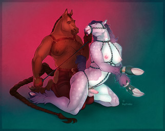 accessory anal anthro bdsm black_hooves body_harness bondage border bound braided_tail brown_body brown_mane brown_nipples brown_tail butch/femme butch_(tief-in-plaid) chaps chest_harness clothing cock_ring dappled_body dark_border docked_tail duo feathering female fingerless_gloves foreskin fur furry_chest genitals gloves gradient_background green_background grey_body grey_hooves grey_mane gynomorph gynomorph/female handwear harness hoof_mitts hooves intersex intersex/female jewelry leash leash_pull leather leather_chaps leather_clothing leather_gloves leather_handwear long_tail mane nipples penis penis_accessory penis_jewelry petplay pink_background pink_nipples pink_penis red_leather roleplay sex sex_toy short_tail simple_background strapon strapon_sex tail toying_partner white_body boypretties interkos arabian_horse equid equine horse mammal 2024 hi_res trans_(lore) trans_woman_(lore)