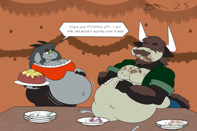 anthro big_breasts breasts brown_body brown_fur brown_hair clothing female female_anthro fur green_clothing green_eyes grey_body grey_fur grey_hair hair huge_breasts hyper hyper_breasts long_hair male male_anthro musclegut muscular overweight overweight_anthro overweight_male pregnant pregnant_anthro pregnant_female red_clothing text dirtymac mythology bovid bovine caprine cattle dragon goat hybrid mammal mythological_creature mythological_scalie scalie 3:2 absurd_res english_text hi_res