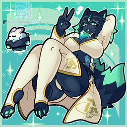 anthro biped black_body black_fur bottomwear breasts butt clothed clothing coat female fur green_eyes hair lab_coat looking_at_viewer multi_eye multi_tail pose scientist simple_background smile solo tail topwear nagifur mages_(nagifur) canid canine felid fox lagomorph leporid mammal rabbit 1:1 digital_media_(artwork) pinup pixel_(artwork)