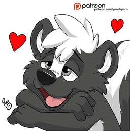 anthro arm_tuft black_nose cheek_tuft facial_tuft fur glistening glistening_eyes grey_body grey_eyes grey_fur hair logo male narrowed_eyes nude open_mouth open_smile short_hair shoulder_tuft smile solo tuft white_body white_fur white_hair young young_anthro young_male pandapaco mammal mephitid skunk artist_logo signature