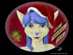 anthro blue_body blue_fur blue_hair clothing female fur green_eyes hair hat headgear headwear holidays long_hair looking_at_viewer multicolored_body multicolored_fur open_mouth simple_background smile solo tan_body tan_fur teeth text tongue thefishe77 christmas hannah_(thefishe77) canid canine canis domestic_dog mammal signature