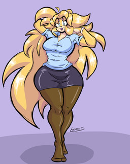 anthro black_clothing black_footwear black_legwear black_socks black_stockings blonde_hair blue_eyes bottomwear breasts clothing colored_nails eyeshadow female footwear fur hair legwear lipstick makeup nails pantyhose purple_eyeshadow purple_lipstick purple_nails skirt socks solo stockings yellow_body yellow_fur lesangd_tw five_nights_at_freddy's five_nights_in_anime scottgames fredbear_(fnaf) fredbear_(lesangd_tw) bear mammal absurd_res hi_res