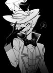 black_background bow_tie clothed clothing do_not_distribute forked_tongue hat headgear headwear looking_at_viewer male sharp_teeth simple_background solo speech_bubble teeth tongue enaic31 hazbin_hotel lucifer_(hazbin_hotel) angel demon demon_humanoid fallen_angel humanoid absurd_res hi_res monochrome