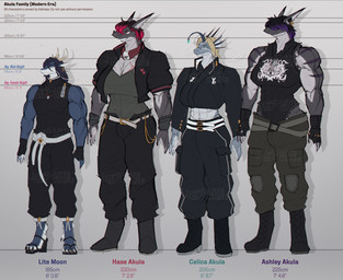 abs accessory anthro belt biceps chart clothing deltoids female fin forearm_muscles group height_chart horn jacket male muscular muscular_anthro muscular_female muscular_male piercing scarf simple_background size_difference stripes text topwear triceps litehase mythology ashley_(litehase) celica_(litehase) hase_(litehase) lite_(litehase) anglerfish aquatic dragon eastern_dragon fish hybrid mythological_creature mythological_scalie scalie shark english_text hi_res model_sheet herm_(lore)