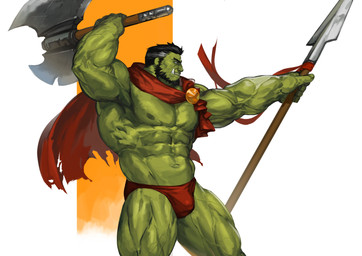 5_fingers axe barazoku beard big_muscles black_hair briefs bulge cape clothed clothing double_bitted_axe facial_hair fingers green_body green_nipples green_skin hair huge_muscles humanoid_hands male melee_weapon muscular muscular_humanoid muscular_male nipples not_furry polearm red_briefs red_clothing red_underwear simple_background solo spear standing topless tusks underwear vein veiny_muscles weapon traver009 humanoid orc 2021 absurd_res hi_res