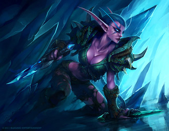 5_fingers armor breasts clothing crouching dagger dutch_angle female fingers green_clothing green_hair hair holding_dagger holding_melee_weapon holding_object holding_weapon humanoid_pointy_ears melee_weapon not_furry pauldron pointy_ears purple_body solo torn_clothing weapon luke_mancini blizzard_entertainment warcraft world_of_warcraft_trading_card_game elf humanoid night_elf 2010 official_art