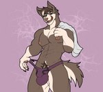 abs anthro briefs bulge claws clothing looking_at_viewer male muscular muscular_male paws pecs pubes short_tail smile smirk solo tail tongue towel towel_on_shoulder underwear frenhm roman_belinski canid canine canis domestic_dog east_siberian_laika mammal spitz absurd_res hi_res