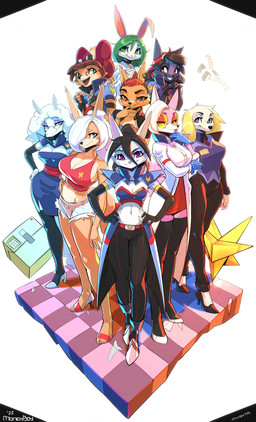 5_fingers anthro armwear badge bangs big_breasts black_body black_fur black_hair blonde_hair blue_eyes bottomwear bow_ribbon bracelet breasts brown_body brown_fur choker clothed clothing coat crop_top dress elbow_gloves elbow_sleeves eyewear eyewear_on_head female fingerless_gloves fingers footwear fur glasses gloves goggles goggles_on_head green_eyes green_hair hair handwear hat headgear headwear high_heels inner_ear_fluff jacket jewelry lab_coat legwear lipstick looking_at_viewer makeup multicolored_body multicolored_fur name_tag navel necklace pants piercing pink_body pink_fur purple_eyes red_eyes red_hair ring shirt shoes short_hair shorts simple_background small_breasts smile straps sunglasses text thick_thighs thigh_highs topwear tuft two_tone_body two_tone_fur white_background white_body white_fur white_hair wide_hips yellow_eyes oughta astrid_(oughta) chun_jin_(oughta) effie_(oughta) lucia_(oughta) marie_(oughta) mb_(oughta) sabriana_(oughta) salmoura_(oughta) sena_(oughta) bovid canid canine canis caprine domestic_cat domestic_dog felid feline felis fox lagomorph leporid lynx mammal rabbit sheep 2022 absurd_res artist_name digital_media_(artwork) hi_res wallpaper