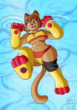 anthro big_breasts bikini breasts brown_body brown_hair clothed clothing eyewear eyewear_on_head female fur goggles hair headgear headwear looking_at_viewer open_mouth outside sea simple_background smile solo swimming swimwear tail thick_thighs two-piece_swimsuit underwater water haty_arts gameoverse glitch_productions kit_bodega domestic_cat felid feline felis mammal 2026 digital_media_(artwork) full-length_portrait hi_res portrait