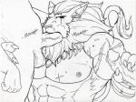 abs anthro balls biceps claws ear_piercing erection fellatio fur genitals group hair handjob male male/male male_penetrated male_penetrating male_penetrating_male mane muscular muscular_anthro muscular_male nipples oral pecs penetration penile penis piercing scar sex zabraxas bandai_namco digimon digimon_(species) felid leomon mammal monochrome