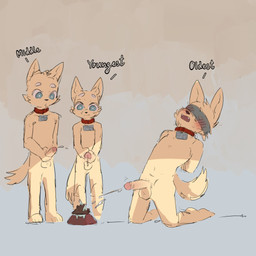 anthro blindfold blush bodily_fluids collar collar_only cum cum_on_food cumshot ejaculation food genital_fluids genitals group humanoid_genitalia humanoid_penis male male/male name_tag nude orgasm penis pet_food simultaneous_orgasms trio young young_anthro young_male regcron canid mammal 1:1 hi_res sibling_(lore)