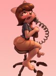 anthro barefoot bottomwear brown_hair butt chair clothing electronics fangs feet female fur furniture hair looking_away looking_up office_chair on_chair phone sitting sitting_on_chair skirt solo tan_body tan_fur teeth anormaluser a_kitty_bobo_show maggie_(kitty_bobo) felid feline mammal hi_res